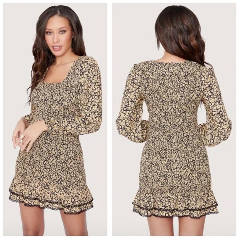LOST + WANDER Pick Me Golden Hour Smocked Mini Dress Yellow Black {3M23} - Picture 2 of 7